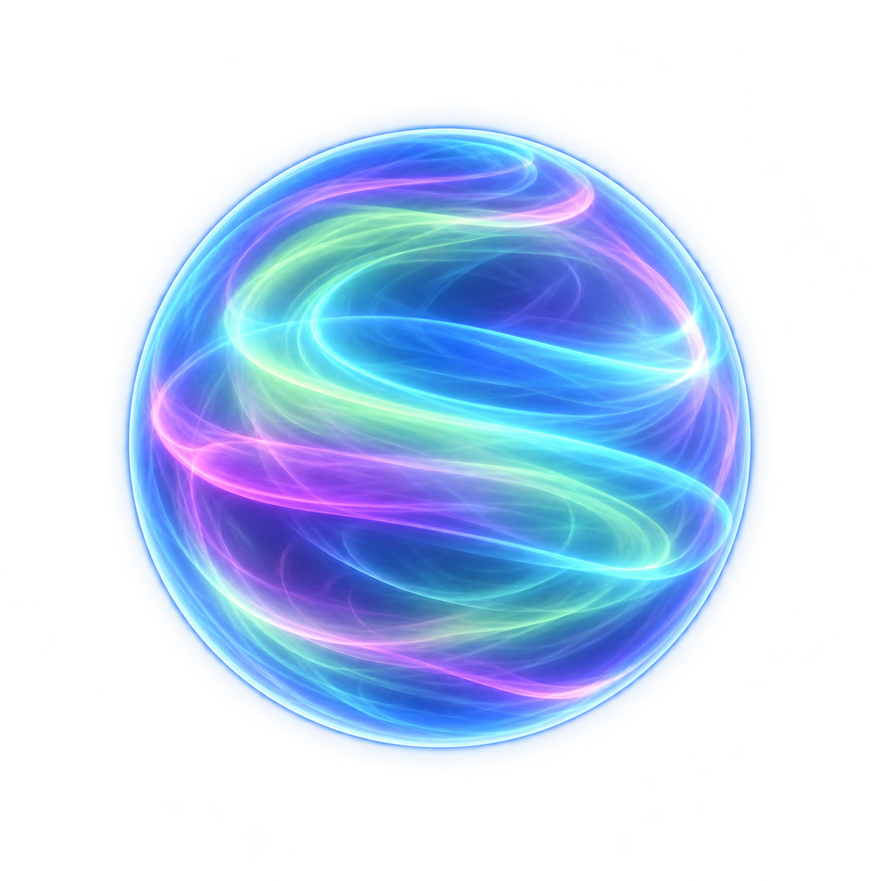 Aiden’s glowing blue, purple, green, and teal orb, facing forward above the clouds.